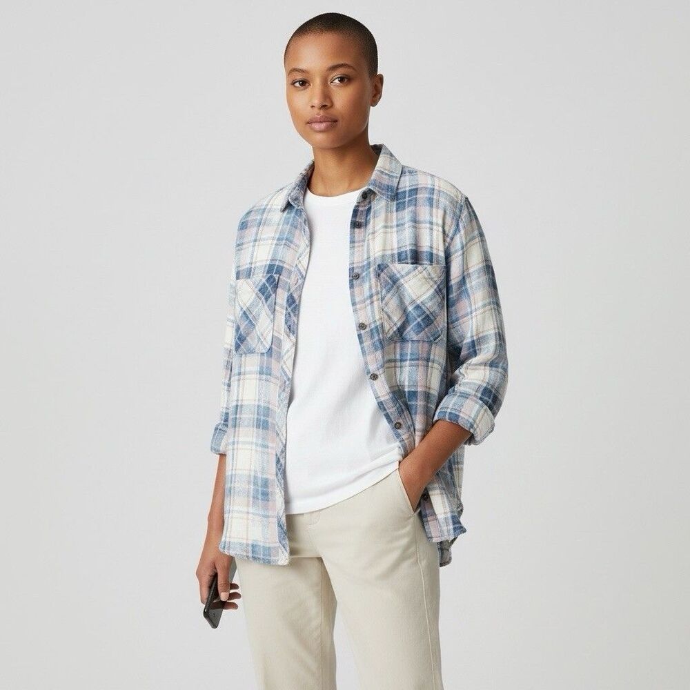 Cloth & Stone Anthropologie Plaid Button Front Shirt Women’s M Blue Cotton Soft